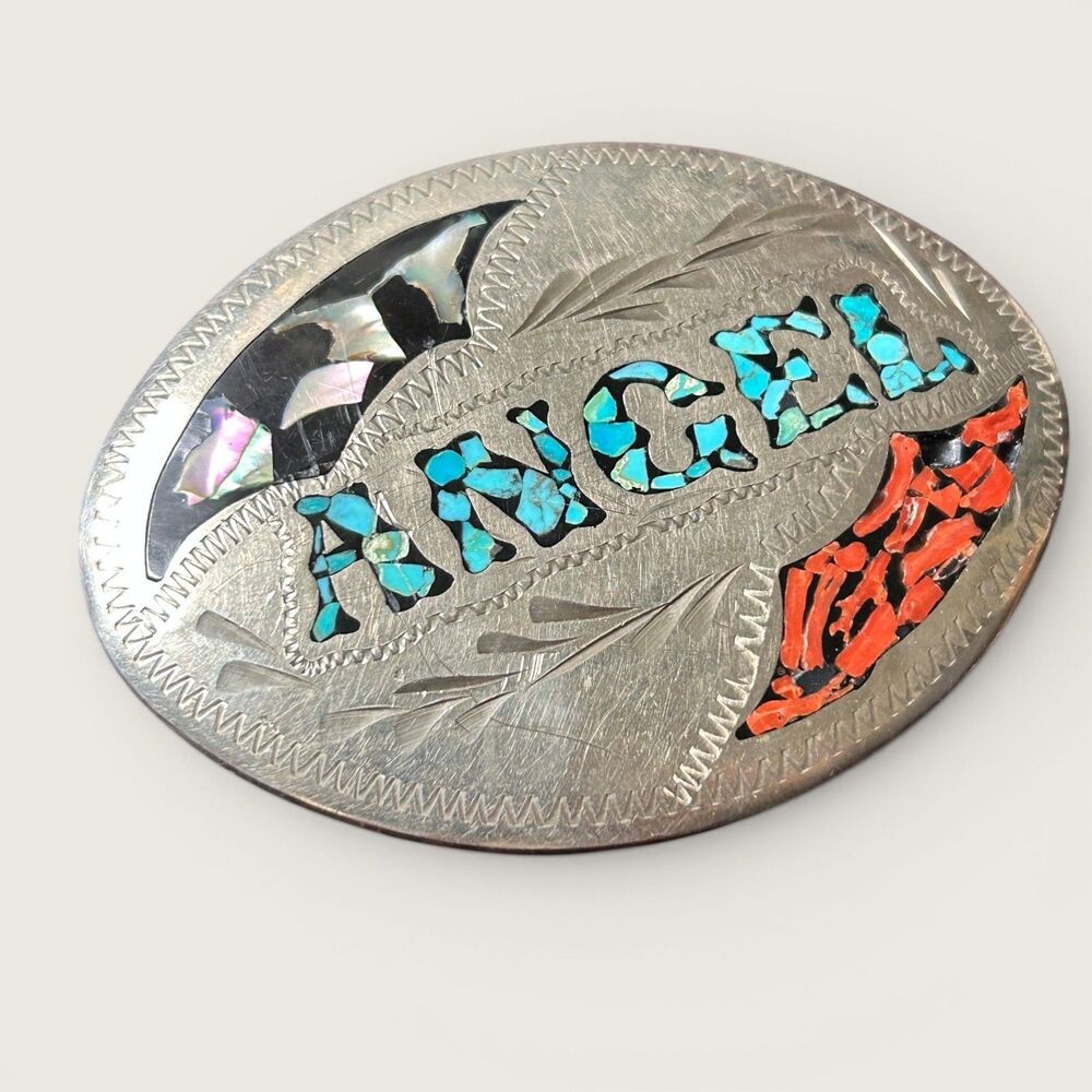 Vintage Southwestern ANGEL Belt Buckle Turquoise Coral Abalone Inlay